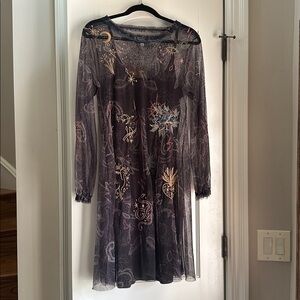 Johnny Was Black Sheer Embroidered Long Sleeve Dress with Multicolor Accents